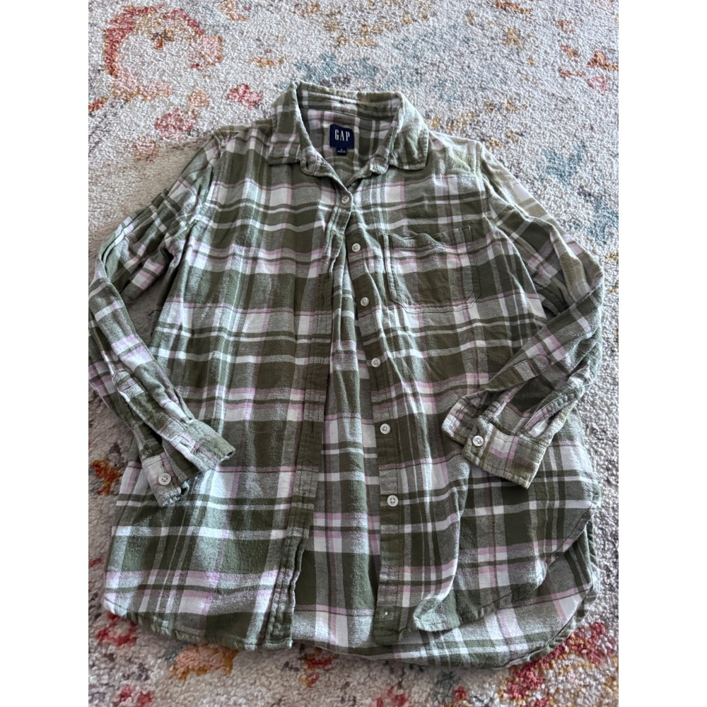 Gap Womens Small Olive Green Pink Plaid Cotton Flannel Button Down Shirt Fall